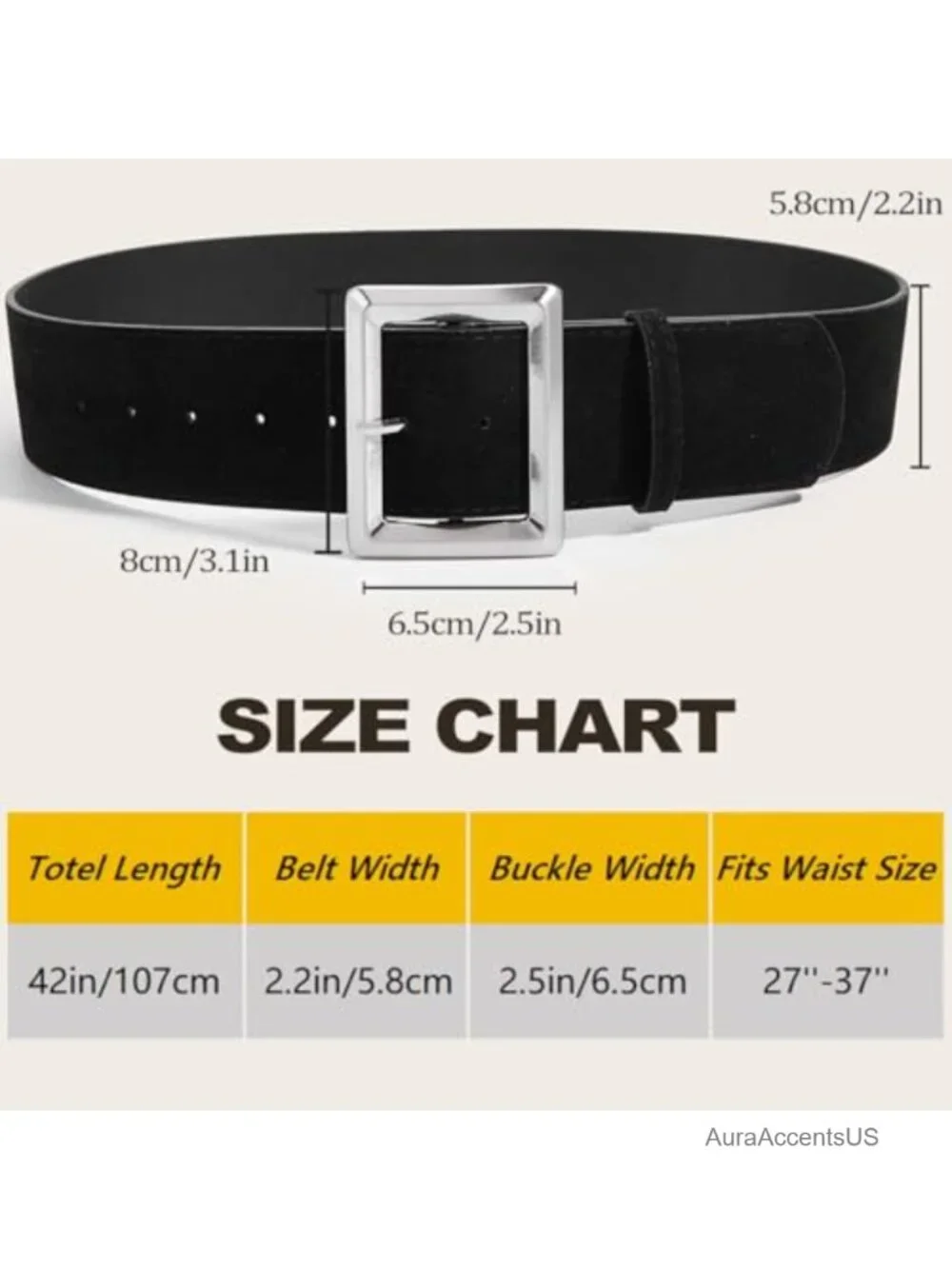 Wide Suede Belt Chunky Square Silver Buckle Faux Leather Waist Belt